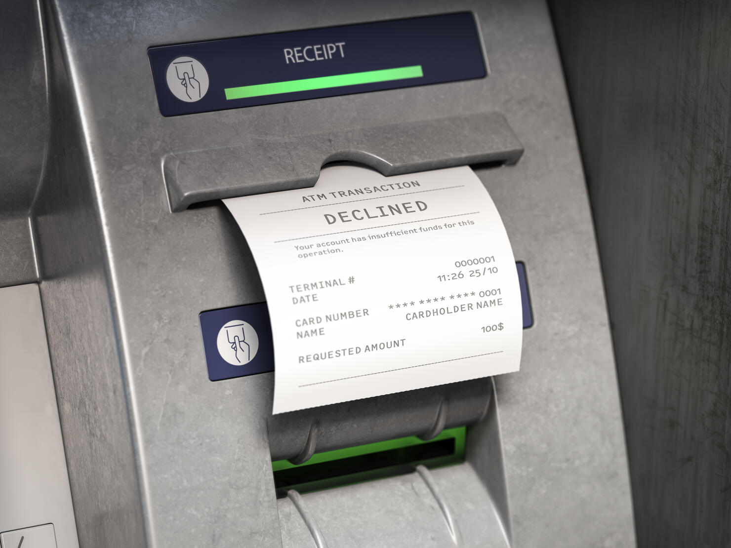 ATM machine and receipt with text declined for insufficient funds on account.
