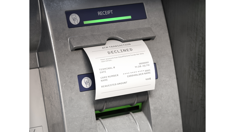 ATM machine and receipt with text declined for insufficient funds on account.