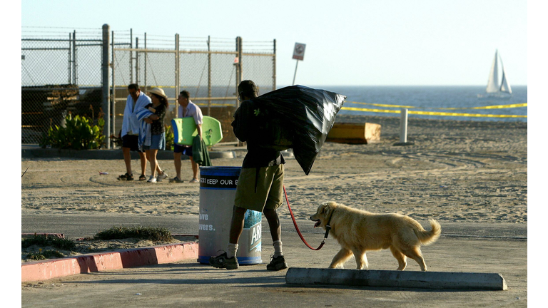 A homeless man (front) with his dog stop