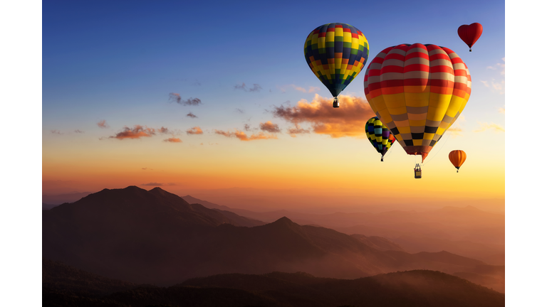 Hot Air Balloons With Landscape Mountain.