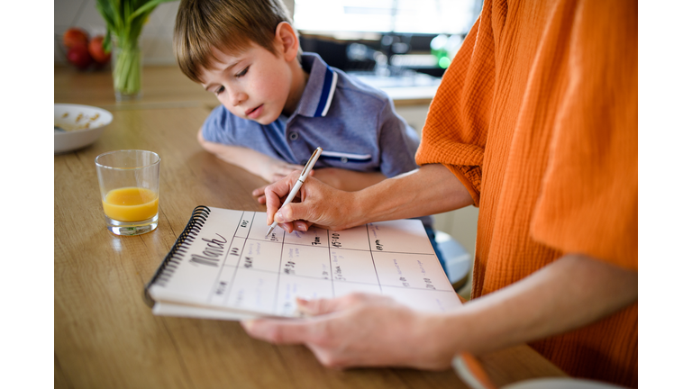 Unrecognizable mother with small son indoors in kitchen, planning.