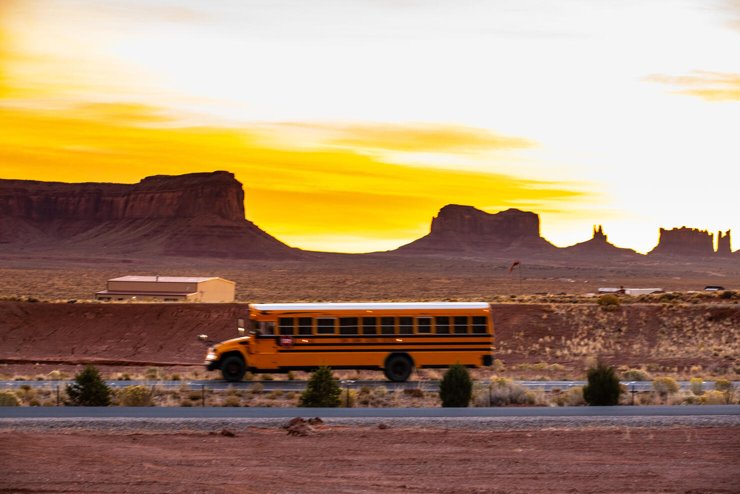 School bus in Monument Valley in Western United States