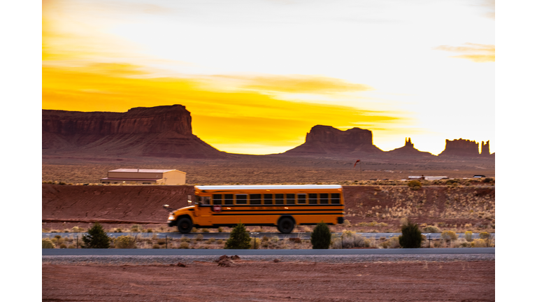 School bus in Monument Valley in Western United States