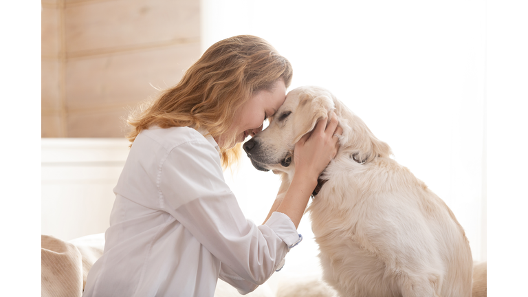 woman hugging her beloved big white dog. Animal communication concept