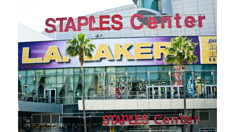 LA Lakers banner at the Staples Center from back