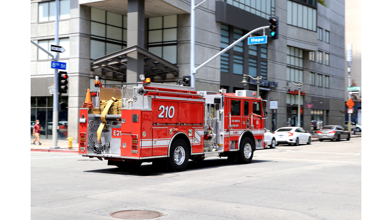 Los Angeles City Fire Department (LAFD) truck running at Downtown Los Angeles