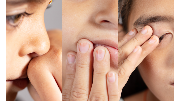 Collage of Young girl touches her nose, eyes and Mouth - Concept showing avoid touch face to protect and prevent form covid-19, sars cov 2 or coronavirus outbreak or spreading