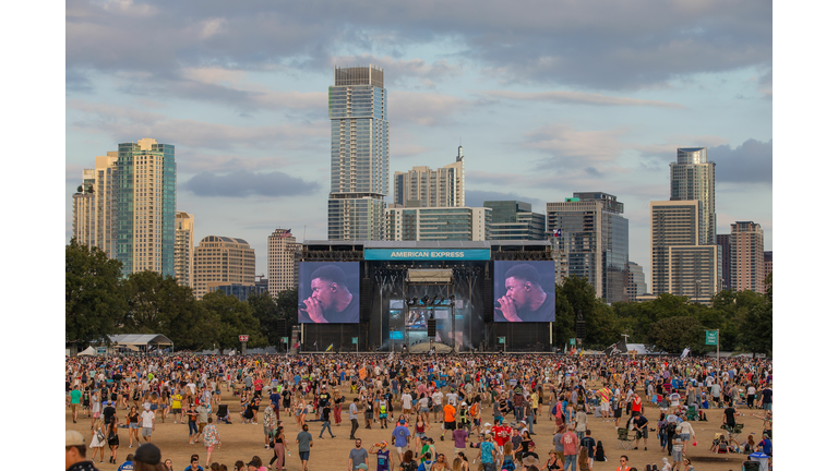 The Austin skyline during the Vince Staples performance during the 2018 Austin City Limits Music Festival at Zilker Park on October 14, 2018 in Austin, Texas.