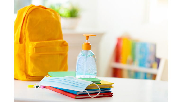 Backpack of school child. Face mask and sanitizer.