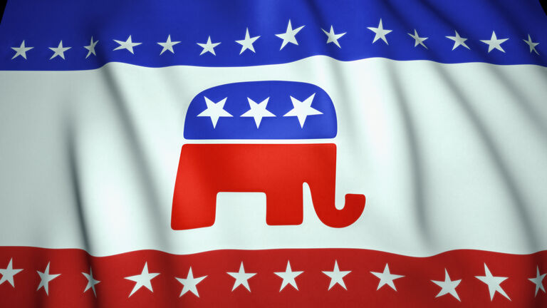 waving flag, us republican party elephant emblem, background, 3d illustration