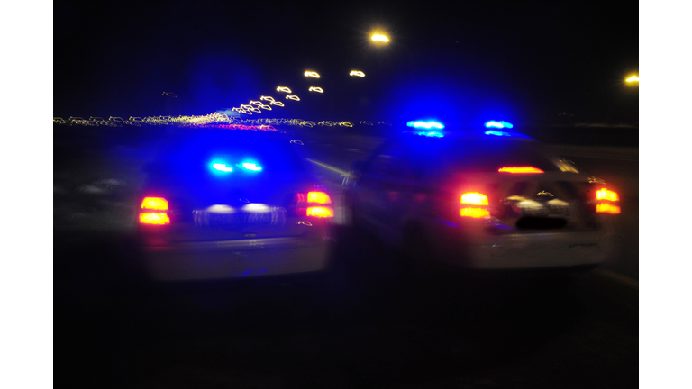 Police cars with blue lights on a night patrol