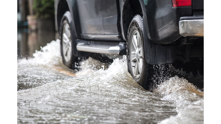 Pickup truck on a flooded street