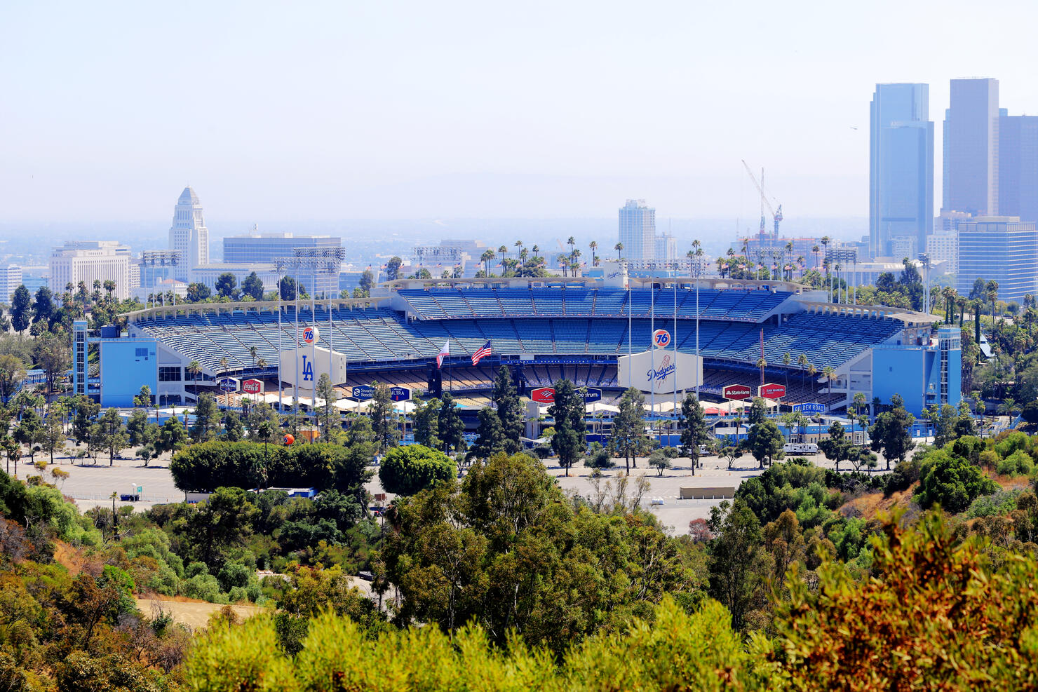 Empty Los Angeles Dodgers baseball stadium viewed from Elysian Park