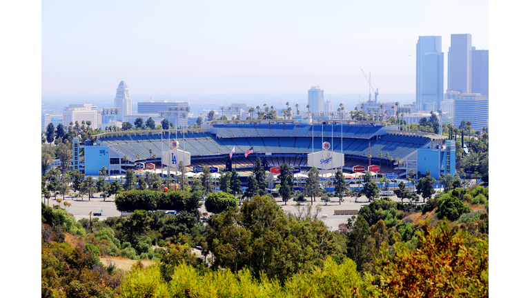 Empty Los Angeles Dodgers baseball stadium viewed from Elysian Park