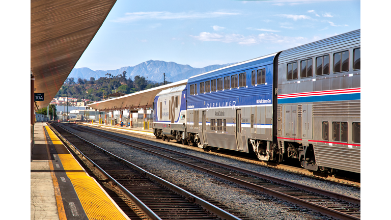 Amtrak Pacific Surfliner train departure from Los Angeles Union Station, heading towards to San Diego