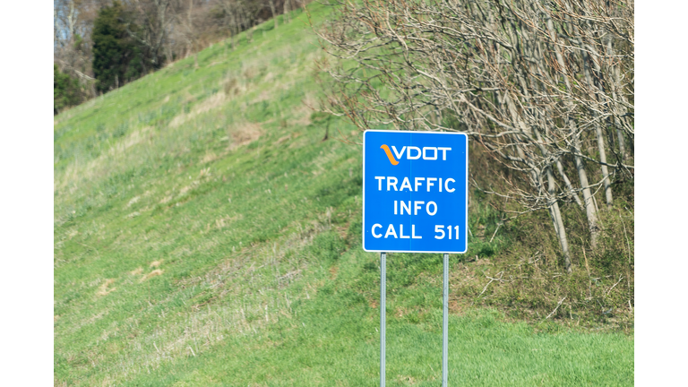 Virginia Department of Transportation VDOT blue road sign with traffic information