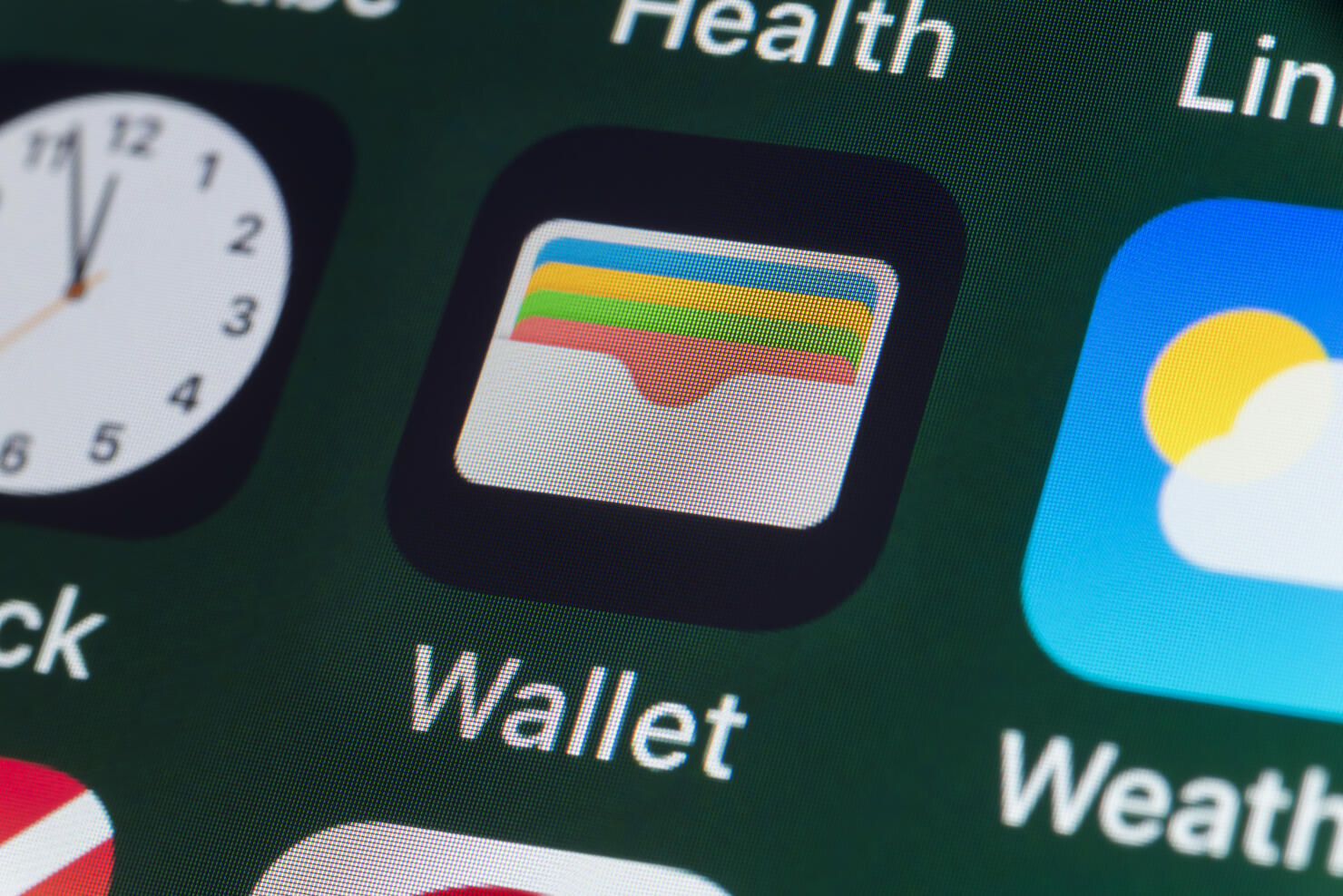 Wallet , Clock, Weather and other Apple Apps on iPhone screen
