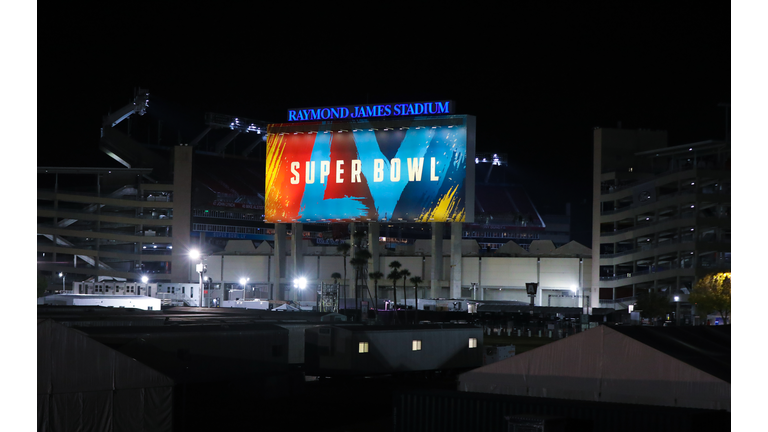 at night outside the stadium of Super Bowl LV at the Raymond James Stadium in Tampa, Florida January 21, 2021