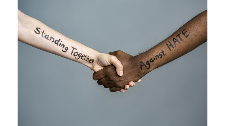 Handshake between black and white human woman and male hands with the message text Standing Together against HATE.