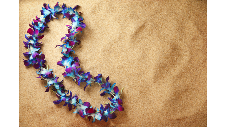 blue hawaiian lei on the beach