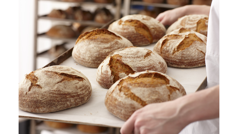 Chef carrying tray of bread in kitchen