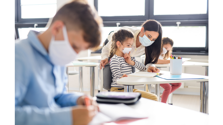Group of children with face mask back at school after covid-19 quarantine and lockdown.