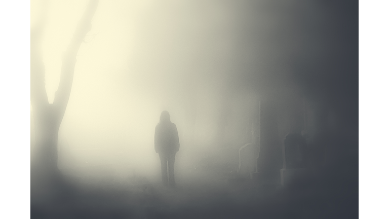 Shadow of person standing at cemetery, Hungary