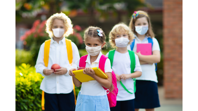 School child wearing face mask. Virus outbreak.