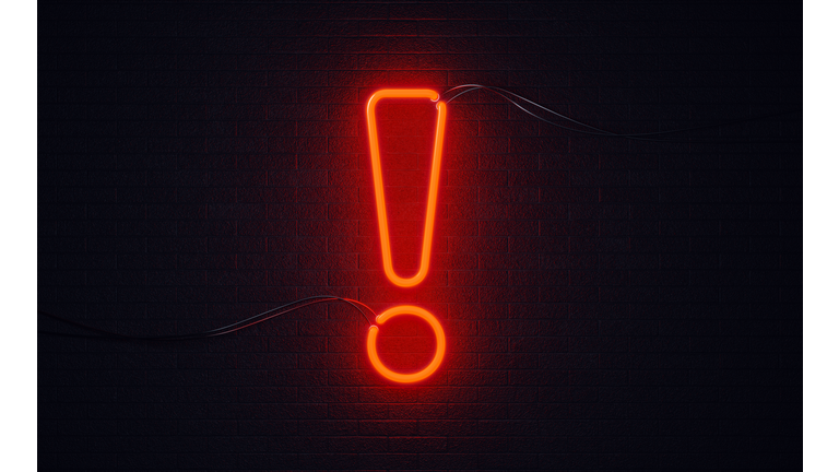 Exclamation Point Shaped Red Neon Light On Black Wall - Alertness Concept