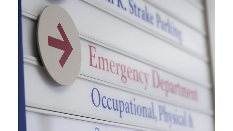 Close up of sign for emergency department in hospital