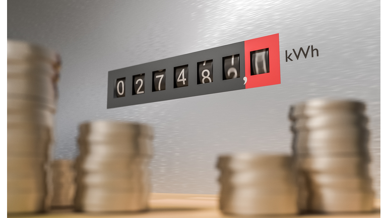 Expensive energy and power consumption concept. Coins in front of electricity meter. 3D rendered illustration.