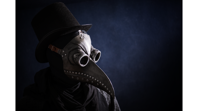 Masked man plague doctor, head profile, with bird mask and hat. Vintage style. Biohazard concept.