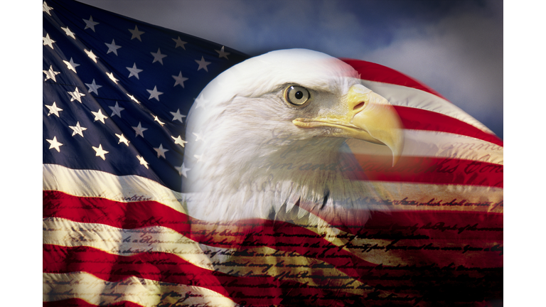 Digital composite: American bald eagle and flag is underlaid with the handwriting of the US Constitution