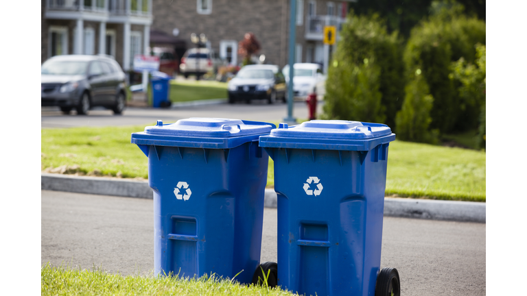 Blue recycling bins in front of the street.