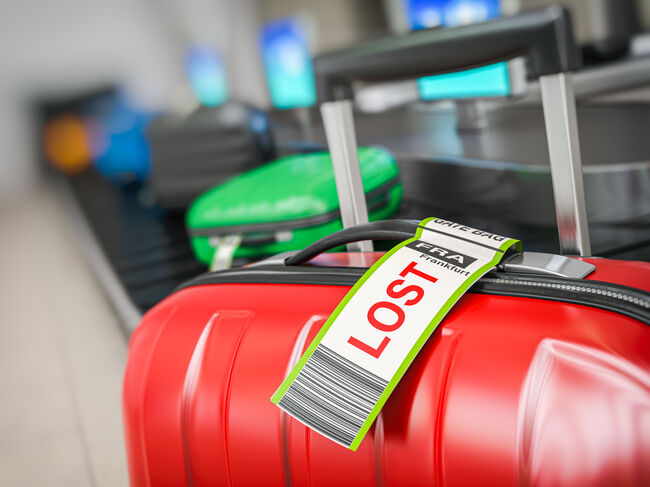 Suitcase with lost sticker on an airport baggage conveyor or baggage claim transporter.