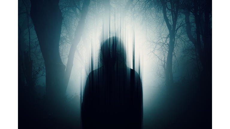 A double exposure of a Silhouette of a mysterious hooded figure without a face. Standing in a forest at night. With a glitch edit