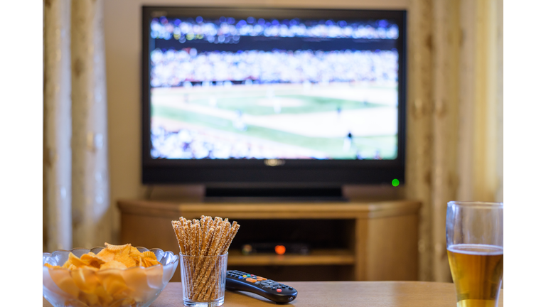 Television, TV watching (baseball match) with snacks and alcohol