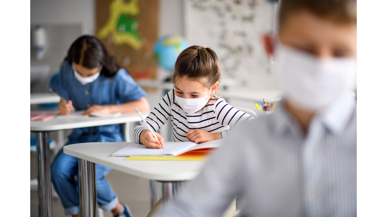 Children with face mask back at school after covid-19 quarantine and lockdown.