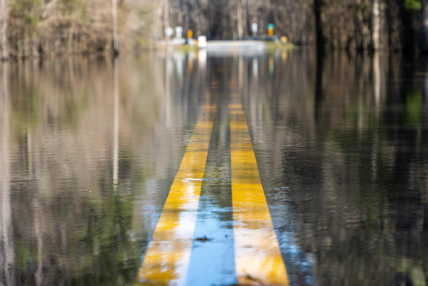 Flooded road underwater after heavy rain storm