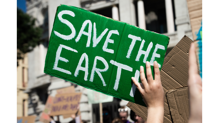 A person holding a cardboard where you can read "save the earth".