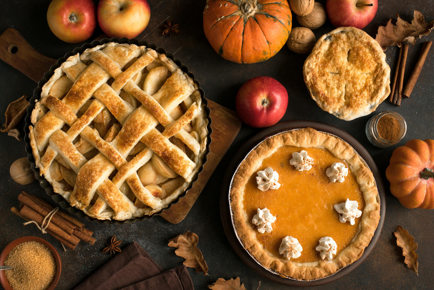 Thanksgiving pumpkin and apple various pies