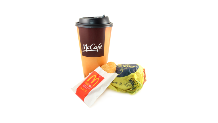 McDonald's | McCafe coffee, hash brown and an egg McMuffin