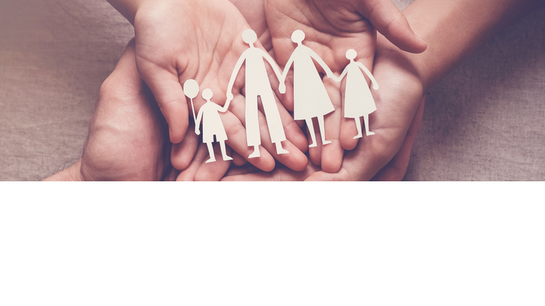 Adult and children hands holding paper family cutout, family home, adoption, foster care, homeless support, family mental health, autism support, domestic violence concept