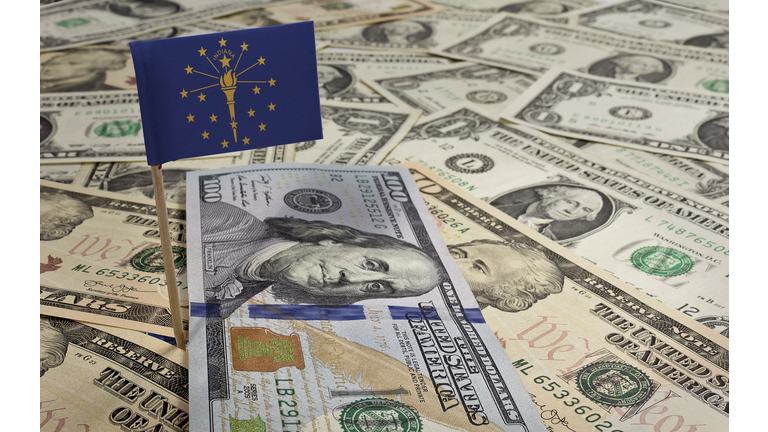 Flag of Indiana sticking in various american banknotes.(series)