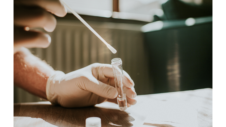 Gloved hand dips a Cotton Swab in a Transparent Tube in Clear Solution