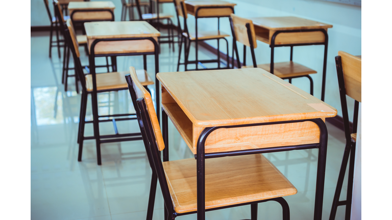 Back to school concept. School empty classroom, Lecture room with desks and chairs iron wood for studying lessons in highschool thailand without young student, interior of secondary education