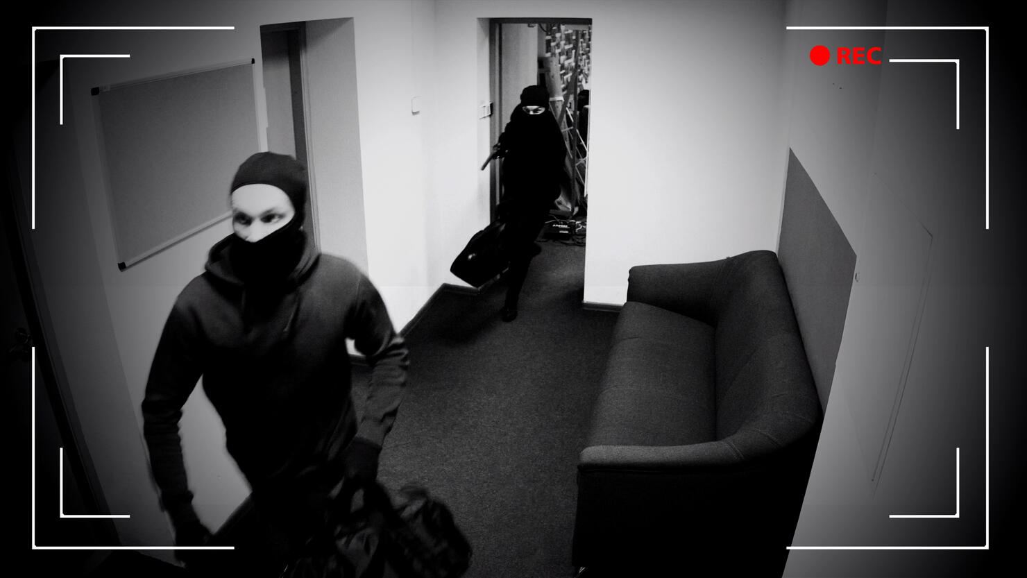 Undefined thieves escaping from place of crime, armed robbery, CCTV effect