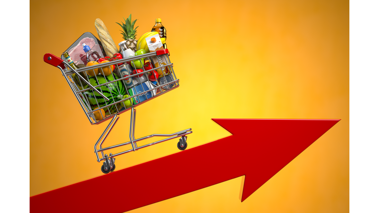 Inflation, growth of food sales, growth of market basket or consumer price index concept. Shopping basket with foods on arrow.