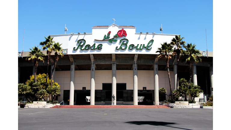 Rose Bowl stadium sign in Pasadena, California
