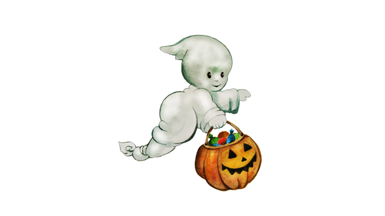 Halloween ghost with pumkin and candies, hand drawn watercolor illustration, isolated on white background